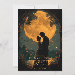 Invitation Un couple romantique au clair de lune doré.