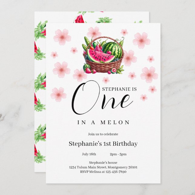Invitation Un dans la pastèque Melon 1er fête d'anniversaire (Devant / Derrière)