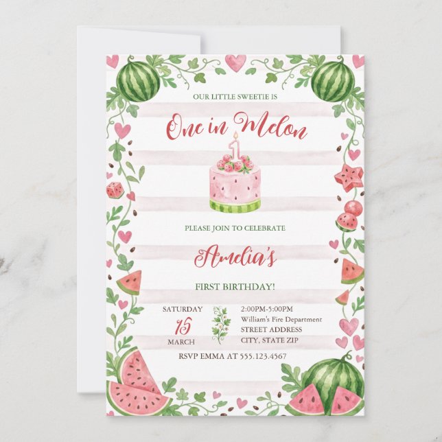Invitation Un Dans L'eau De Melon Aquarelle Rose Douce Fête D (Devant)