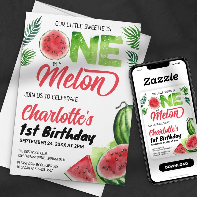 Invitation Un dans un anniversaire Melon Aquarelle Pastèque 1 (Créateur téléchargé)