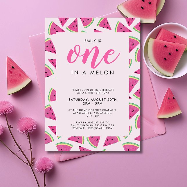 Invitation Un dans un melon 1er anniversaire (One in a Melon, watermelon themed girls first birthday invitation)