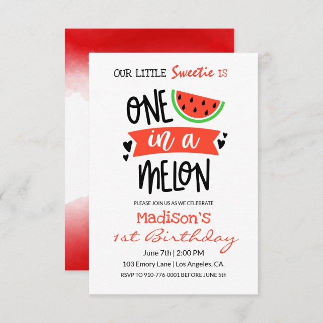 Invitation Un dans un melon | Bébé Anniversaire (Devant / Derrière)