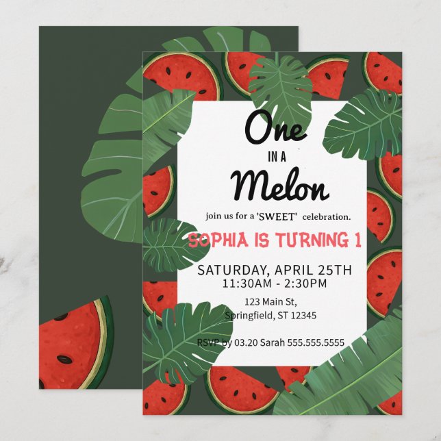 Invitation Un dans un melon d'eau ! Fête d'anniversaire 1 an (Devant / Derrière)