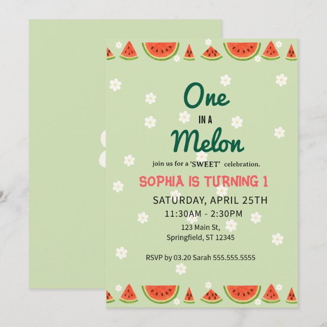Invitation Un dans un melon d'eau ! Fête d'anniversaire 1 an (Devant / Derrière)