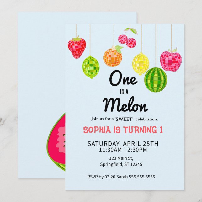 Invitation Un dans un melon d'eau ! Fête d'anniversaire 1ère  (Devant / Derrière)