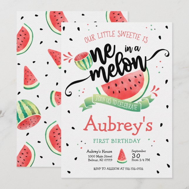 Invitation Un dans un Melon Fille au Pastèque Premier Anniver (Devant / Derrière)
