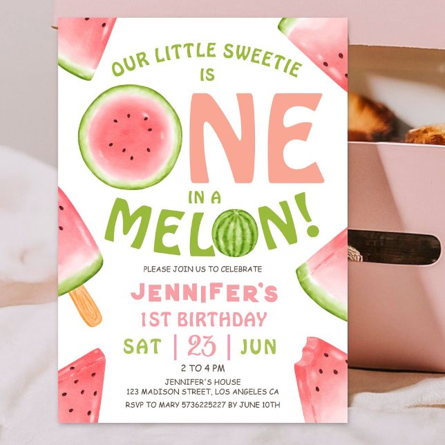 Invitation UN dans un Melon ! Fille Pastèque Rose 1er Anniver (Créateur téléchargé)