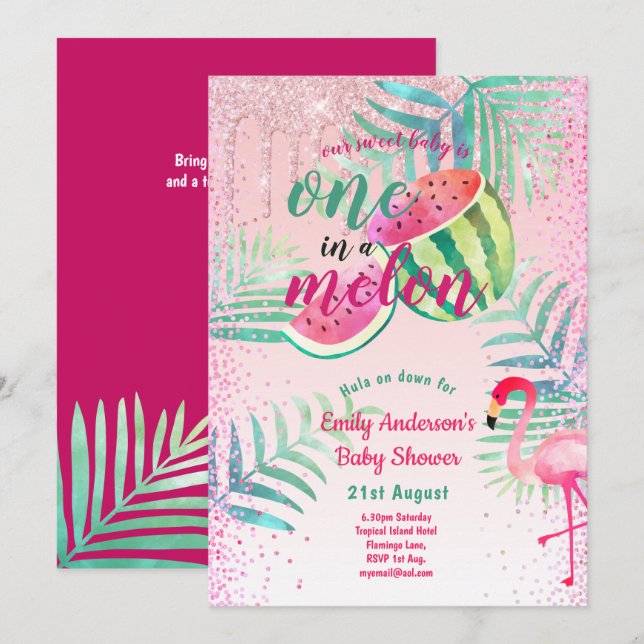 Invitation Un dans un Melon Flamant rose tropical Watermelon  (Devant / Derrière)