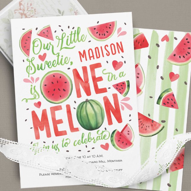 Invitation Un dans un Melon, mignon été Adorable 1er annivers (Summer Bright Red Watercolor One In a Melon, Watercolor Themed Girl 1st Birthday Invitation.)