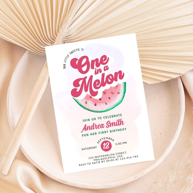 Invitation Un dans un melon rose aquarelle premier anniversai (Créateur téléchargé)