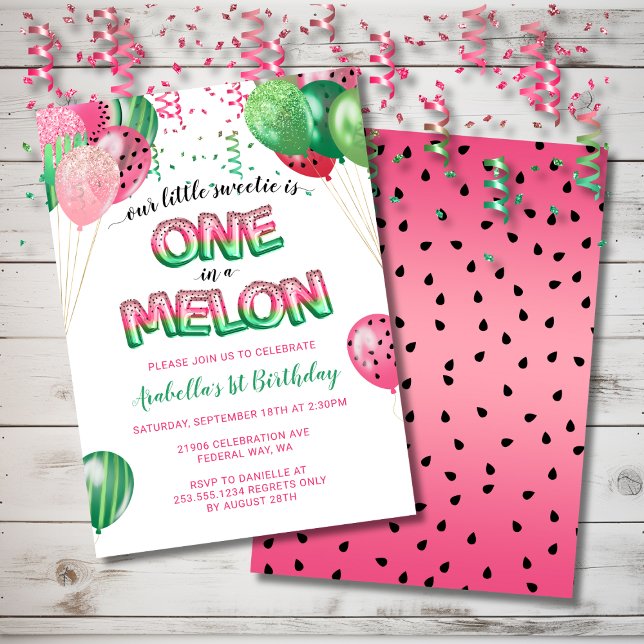 Invitation Un dans un Melon Thème 1er Anniversaire Ballons (One in a Melon Themed 1st Birthday Balloon Invitation)