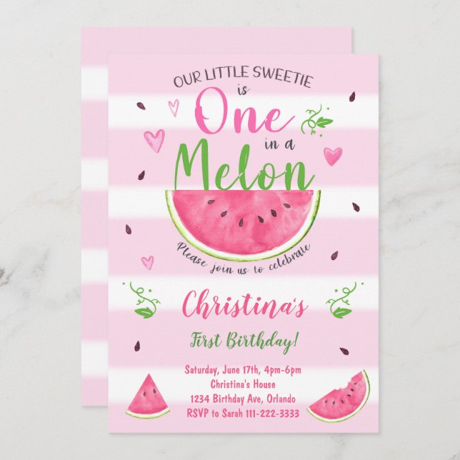 Invitation Un dans un Melon Watermelon 1er Birthday Invitatio (Devant / Derrière)