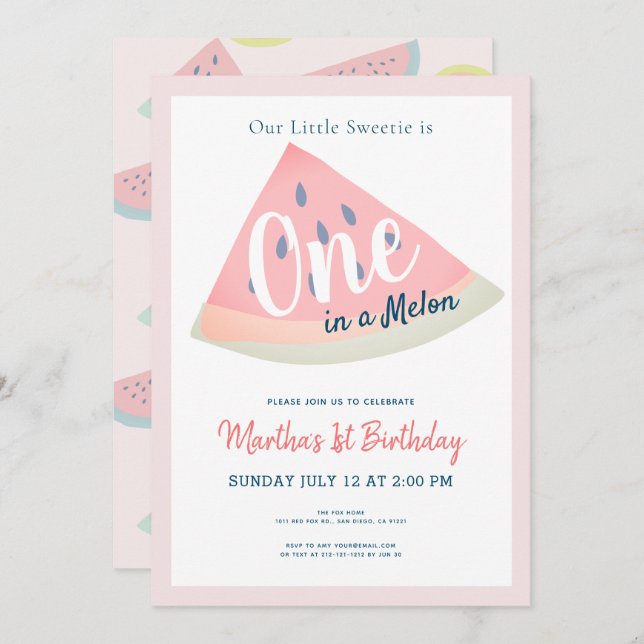 Invitation Un dans une pastèque Melon Blanc 1er anniversaire (Devant / Derrière)