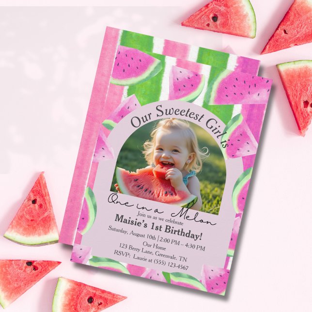 Invitation Un dans une photo de pastèque rose Melon Anniversa (One in a Melon Photo Pink Watermelon Birthday Invitation)