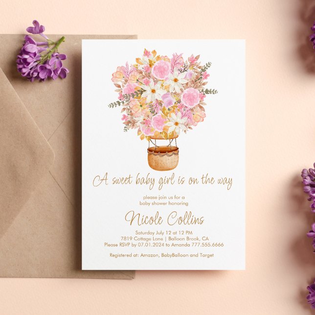 Invitation Un doux bébé fille rose Baby shower de ballon flor (Créateur téléchargé)