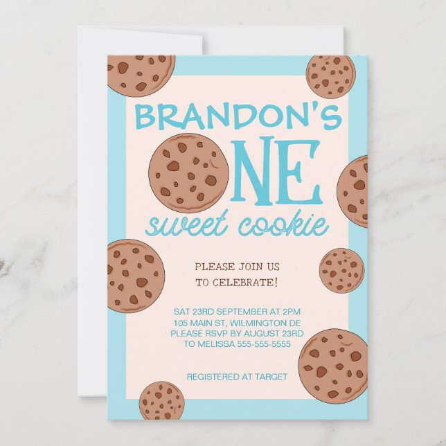 Invitation Un doux biscuit bleu premier anniversaire (Devant)