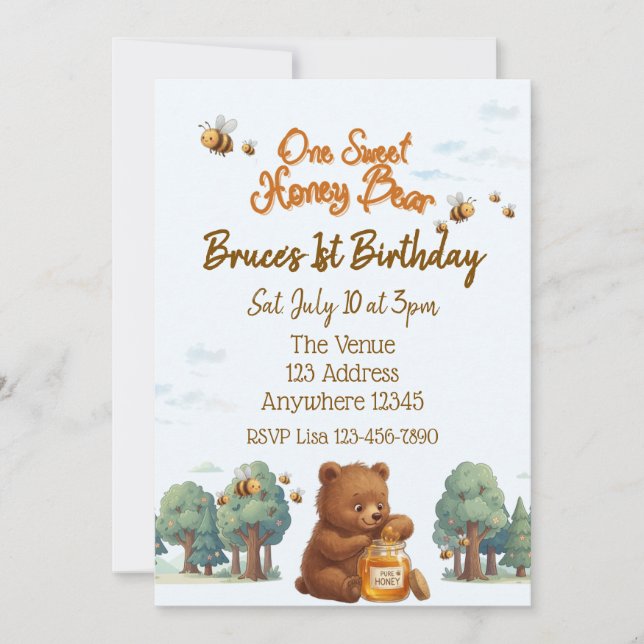 Invitation Un doux ours en miel, 1er anniversaire (Devant)