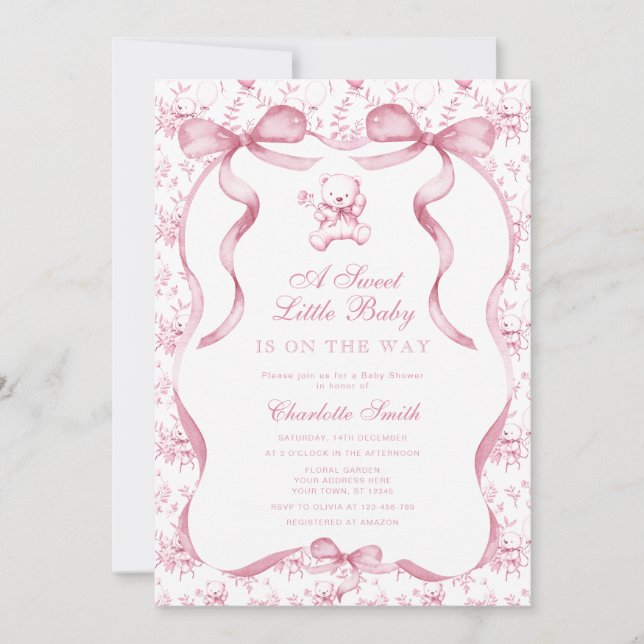 Invitation Un doux petit bébé Toile Ours Baby shower rose (Devant)