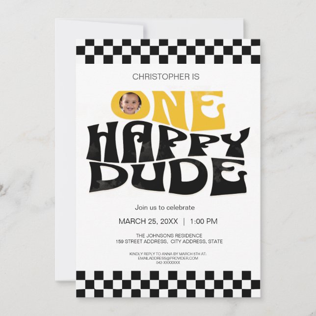 Invitation Un Dude Heureux Anniversaire Moderne à Damier (Devant)