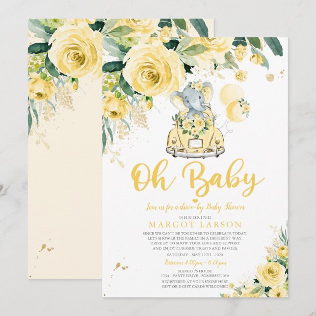 Invitation Un éléphant Neutre Selon Le Sexe Conduit Par Baby  (Devant / Derrière)