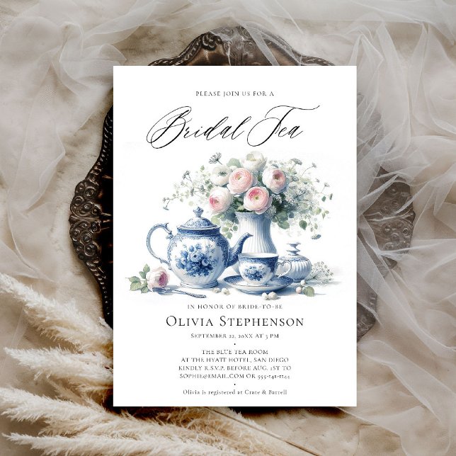Invitation Un ensemble de thé bleu Toile Douche de thé nuptia (bridal tea invitation toile chinoiserie blue tea set roses floral flower elegant modern classic chic)
