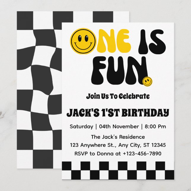 Invitation Un est amusant  Premier anniversaire d'un garçon (Devant / Derrière)