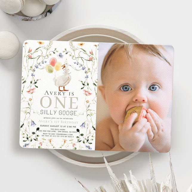 Invitation Un Fleur sauvage d'oie bête Photo 1er anniversaire (Créateur téléchargé)