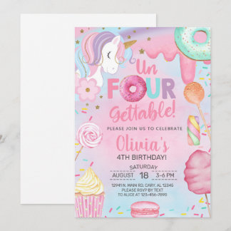 Invitation Un-four-gettable sweets Unicorn girl 4th birthday.