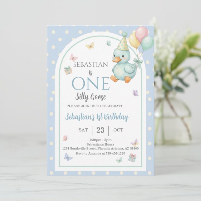 Invitation Un Garçon Bleu Silly Goose 1er Anniversaire (Debout devant)