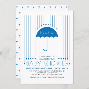 Invitation Un garçon Coeurs bleus et Baby shower parapluie