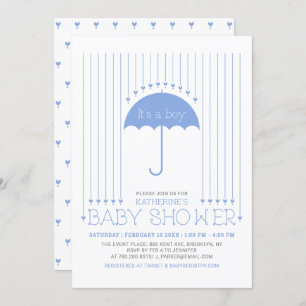 Invitation Un garçon Coeurs bleus et Baby shower parapluie