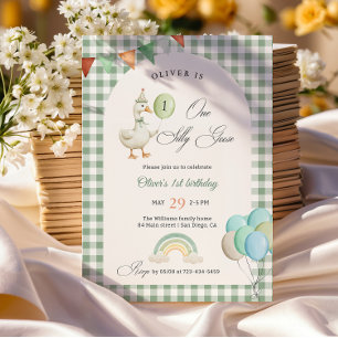 Invitation Un garçon d'une oie sotte 1er anniversaire vert