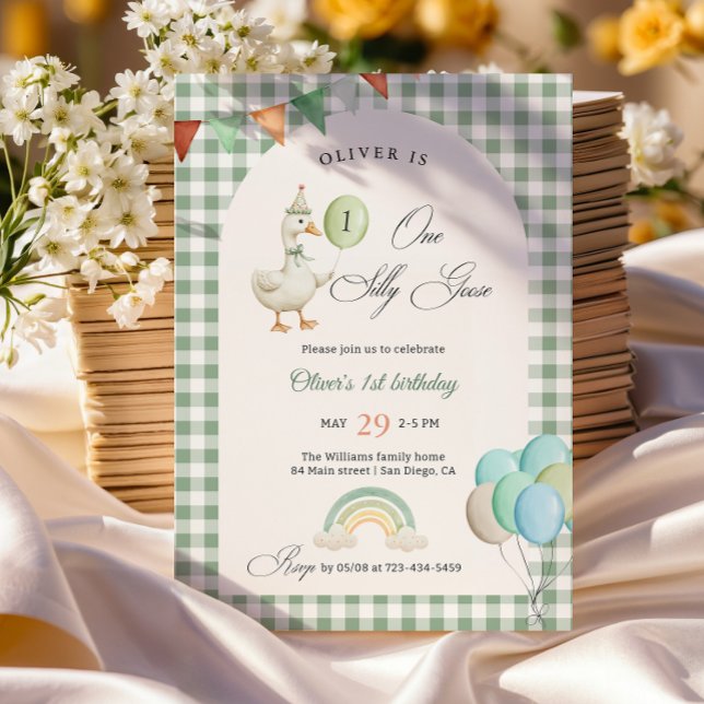 Invitation Un garçon d'une oie sotte 1er anniversaire vert (Créateur téléchargé)