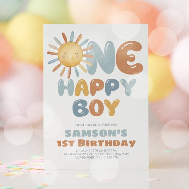 Invitation Un garçon heureux fête son 1er anniversaire (One Happy Boy! Boy's sun 1st birthday invitation )
