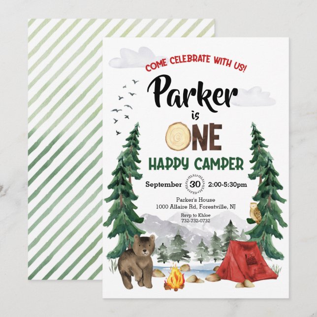 Invitation Un Happy Camper de la forêt pour un premier annive (Devant / Derrière)