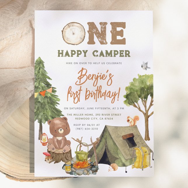 Invitation Un Happy Camper ours des bois garçon 1er anniversa (Créateur téléchargé)