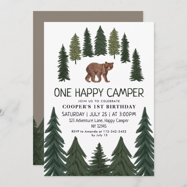 Invitation Un heureux Camper Bear Woodland 1er anniversaire (Devant / Derrière)