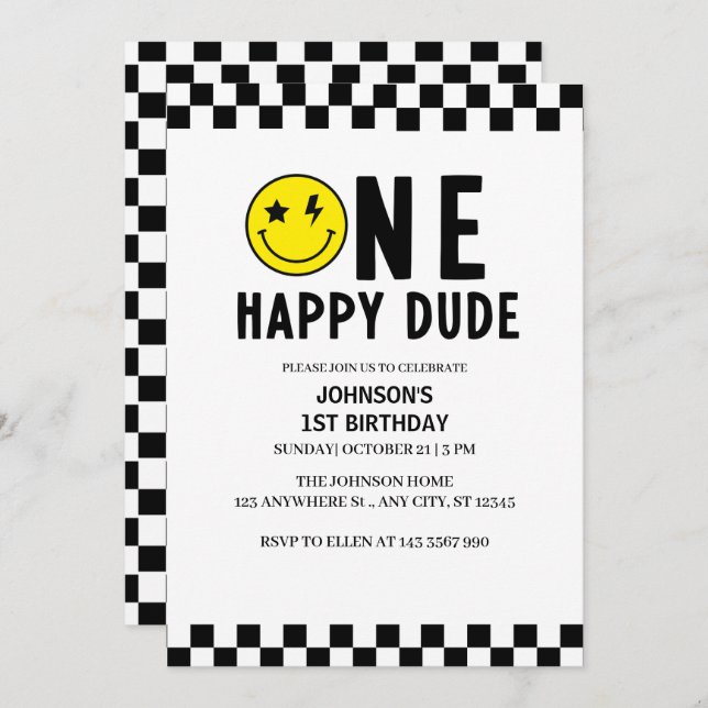 Invitation Un heureux Dude premier anniversaire (Devant / Derrière)
