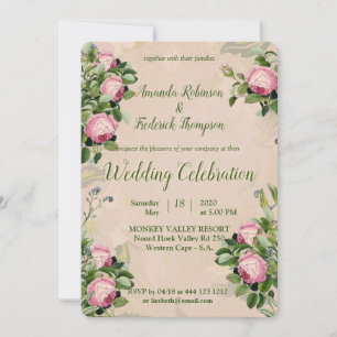 Invitation Un jardin victorien vert avec Mariage rose roses