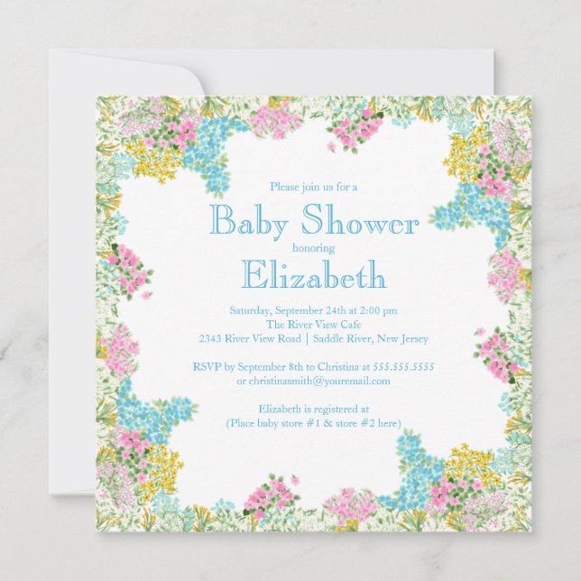 Invitation Un joli baby shower bleu rose floral neutre (Devant)