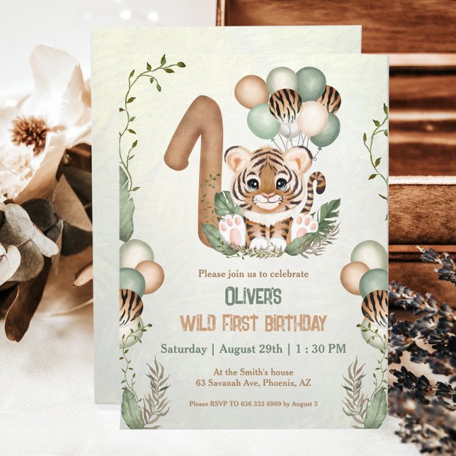 Invitation Un joli Safari Tiger Wild Un 1er anniversaire (1st Birthday invitation with little tiger. )