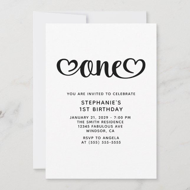 Invitation Un joli script Cœurs pour 1er anniversaire (Devant)