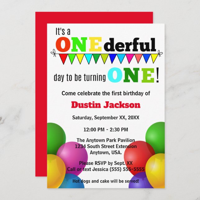 Invitation UN Jour de gloire Bright Balloons Premier annivers (Devant / Derrière)