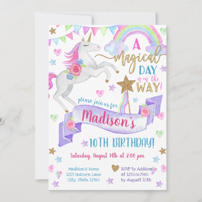Invitation Un Jour Magique Tie Dye Unicorn Anniversaire (Devant)