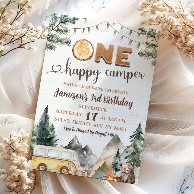 Invitation Un joyeux anniversaire de forêt pour enfant campeu (Créateur téléchargé)