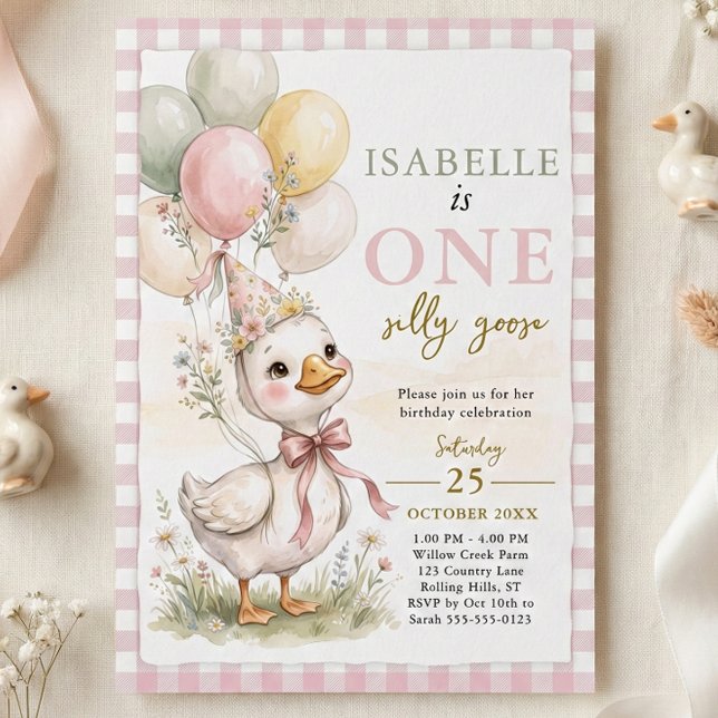 Invitation Un joyeux anniversaire pour une petite fille de 1  (One Silly Goose Pink Gingham Girl's 1st Birthday Invitation Front)