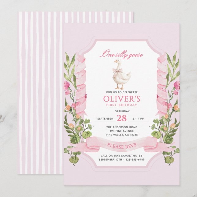Invitation Un Joyeux Anniversaire Rose d'Une Petite Oie 1er A (Devant / Derrière)