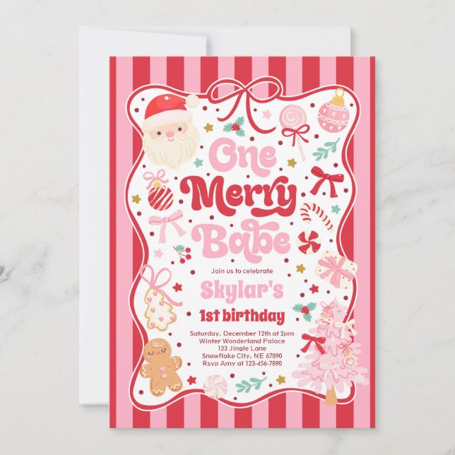 Invitation Un joyeux bébé Noël Coquette Bow 1er anniversaire (Devant)