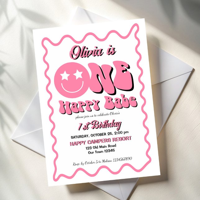 Invitation Un joyeux bébé rétro rose 1er anniversaire fête (One happy babe retro pink 1st birthday party invitation template)