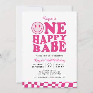 Invitation Un joyeux bébé rose sourire visage fille 1er anniv